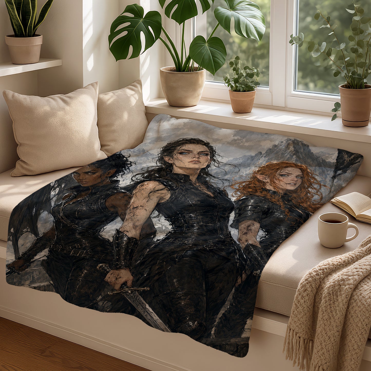 Three fantasy women in dark armor with swords are depicted on a blanket on a couch.