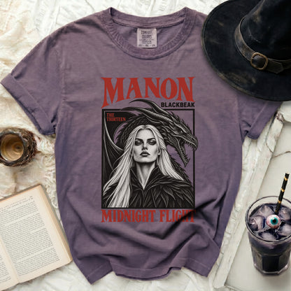 Purple t-shirt with Manon Blackbeak and dragon graphic, "The Thirteen", "Midnight Flight".