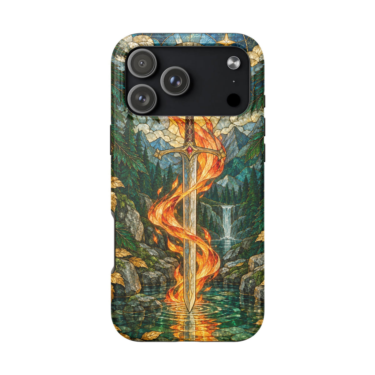 Phone case featuring a stained-glass fantasy landscape with a sword surrounded by flames.