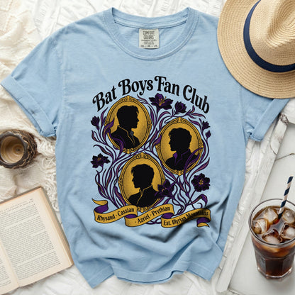 Light blue t-shirt with "Bat Boys Fan Club" and silhouettes of men.