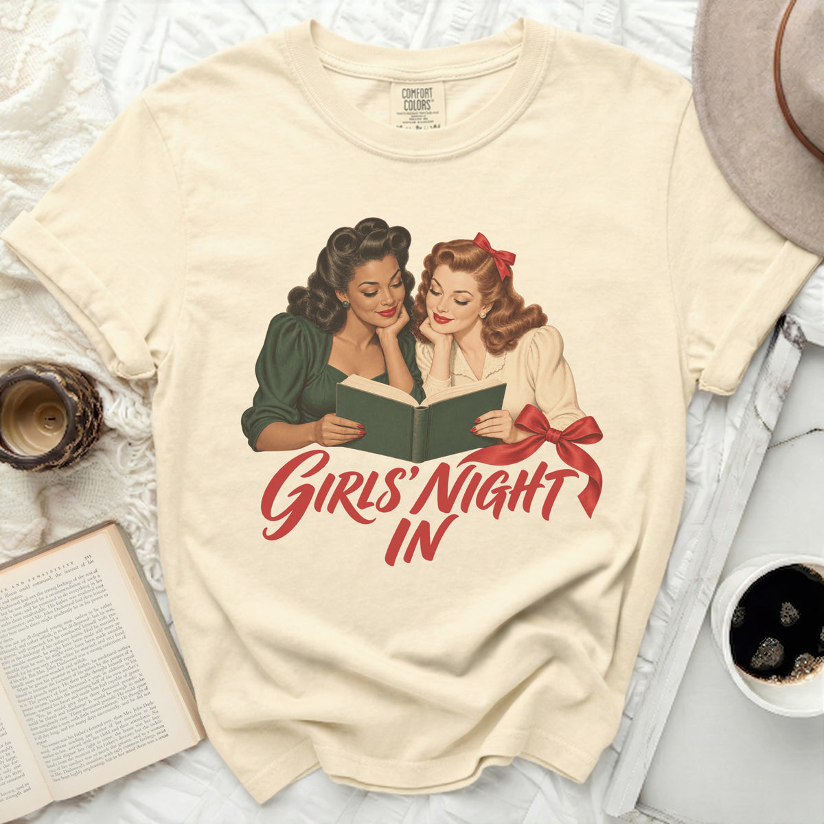 Cream t-shirt with "Girls' Night In" graphic featuring two women reading.