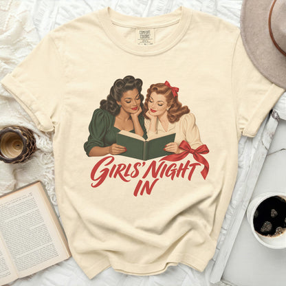 Cream t-shirt with "Girls' Night In" graphic featuring two women reading.