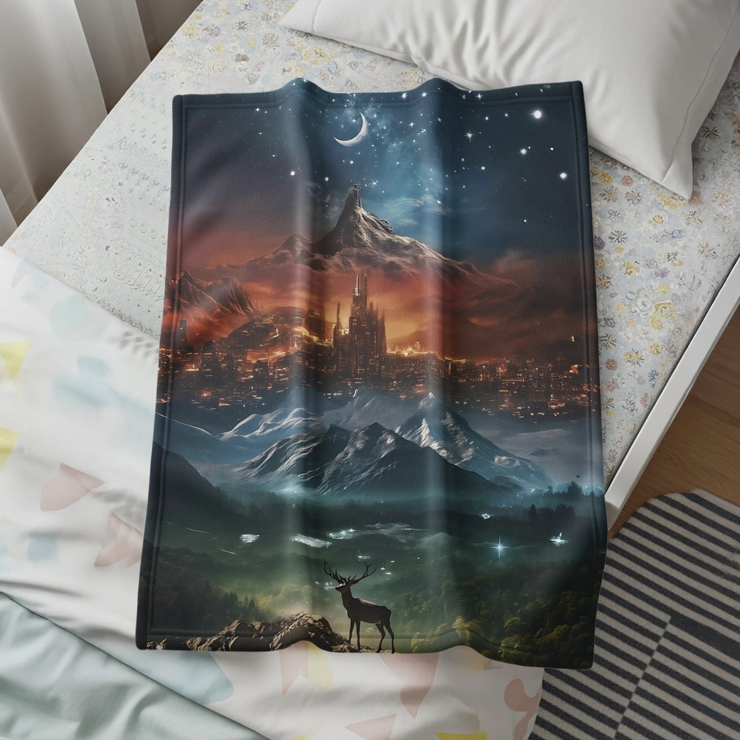 Majestic Mountain Castle Fantasy Scene Blanket