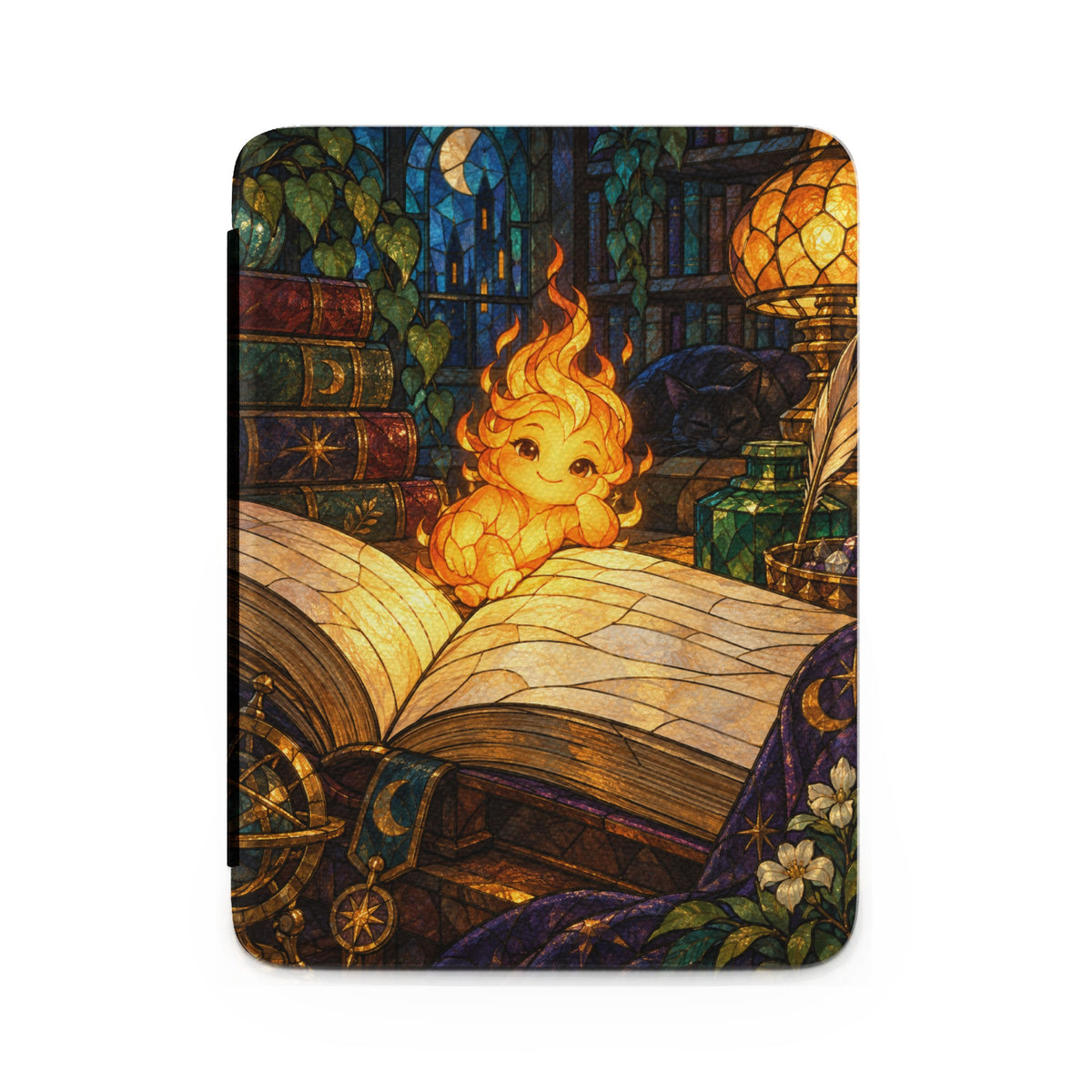 Stained glass illustration of a fire spirit resting on an open book in a library.