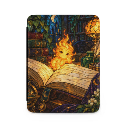 Stained glass illustration of a fire spirit resting on an open book in a library.
