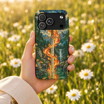 A hand holding a smartphone with a stained-glass style fantasy sword design against a blurry field of daisies.
