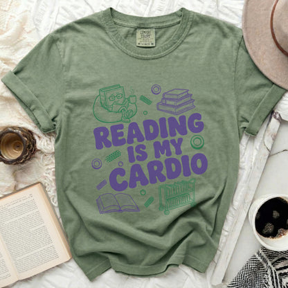 Green t-shirt with "Reading is my cardio" text and book graphics.