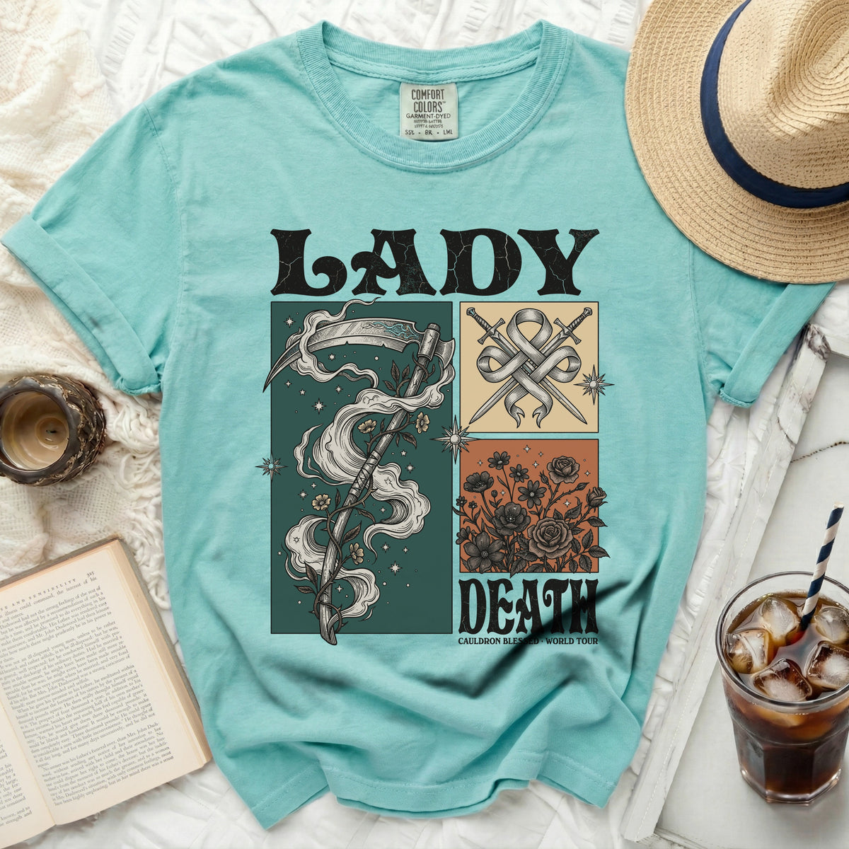 Teal t-shirt with "LADY DEATH" graphic featuring grim reaper and flowers.