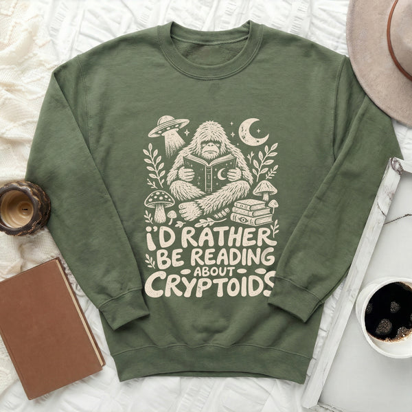 I'd Rather Read Cryptids Sweatshirt in Military Green