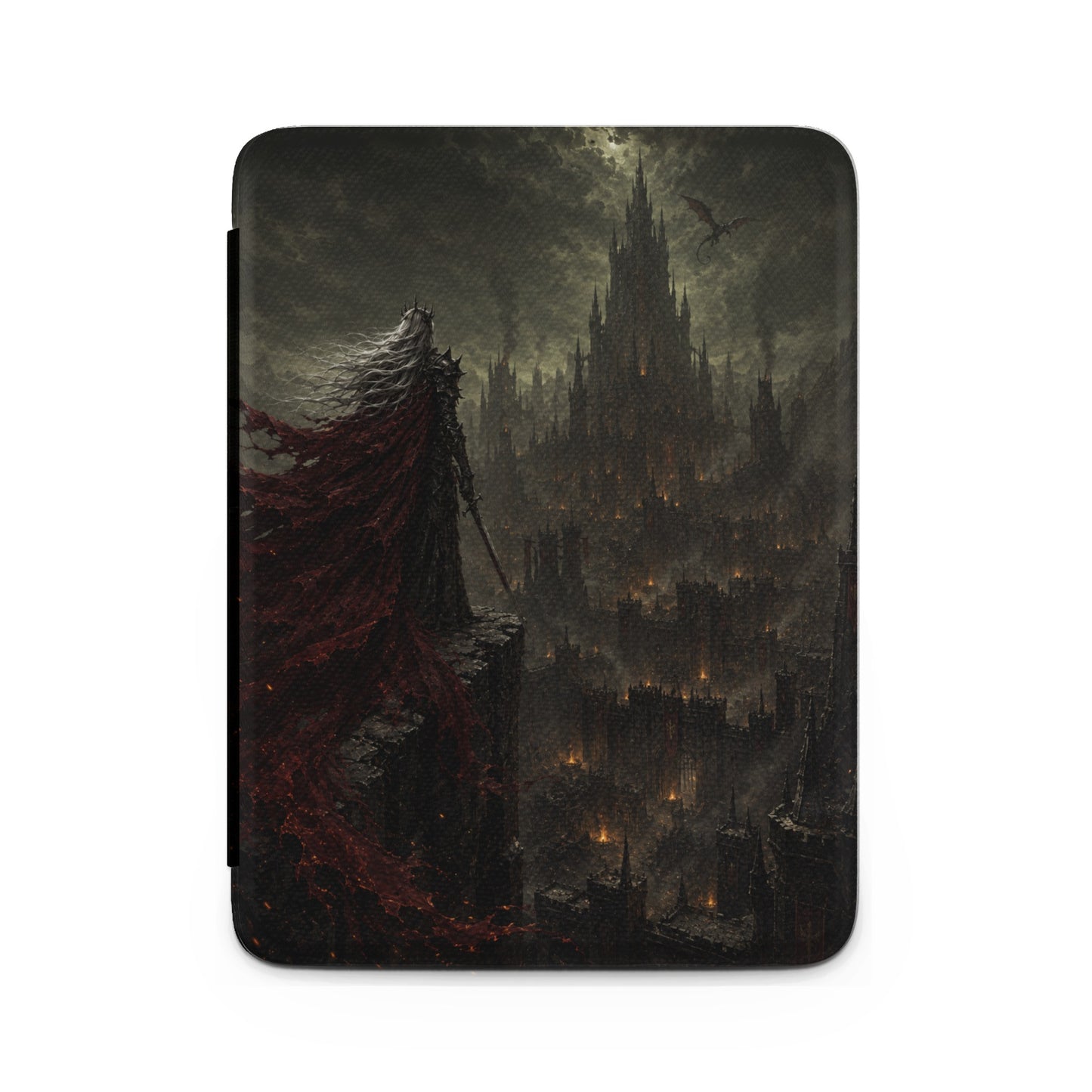 Fantasy figure with red cloak overlooking dark castle city under stormy sky.