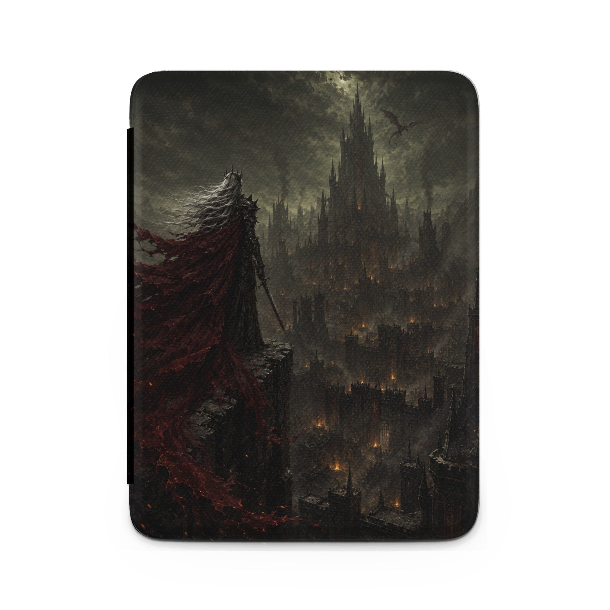 Fantasy figure with red cloak overlooking dark castle city under stormy sky.
