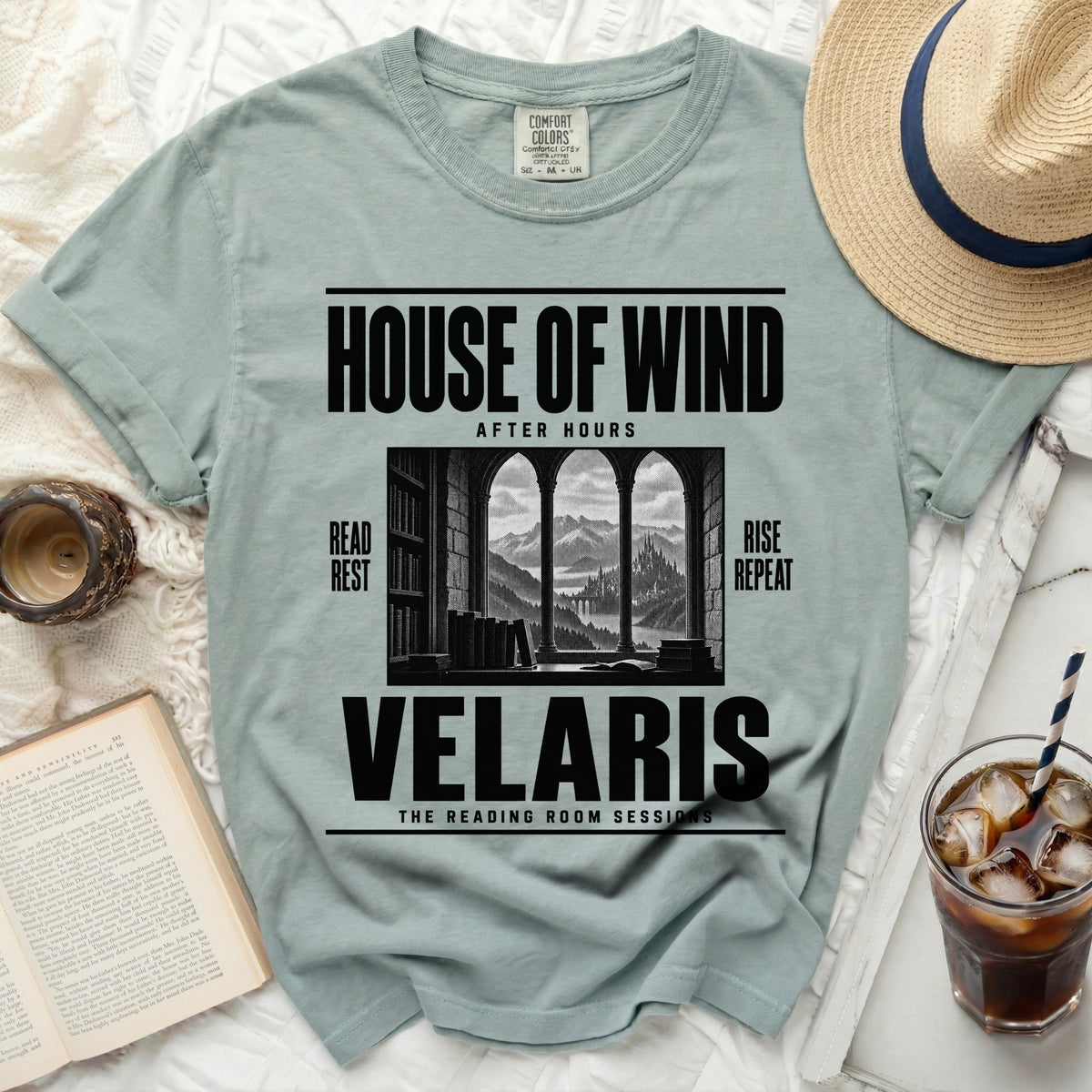 House of Wind After Hours Velaris graphic tee with books and mountain view.
