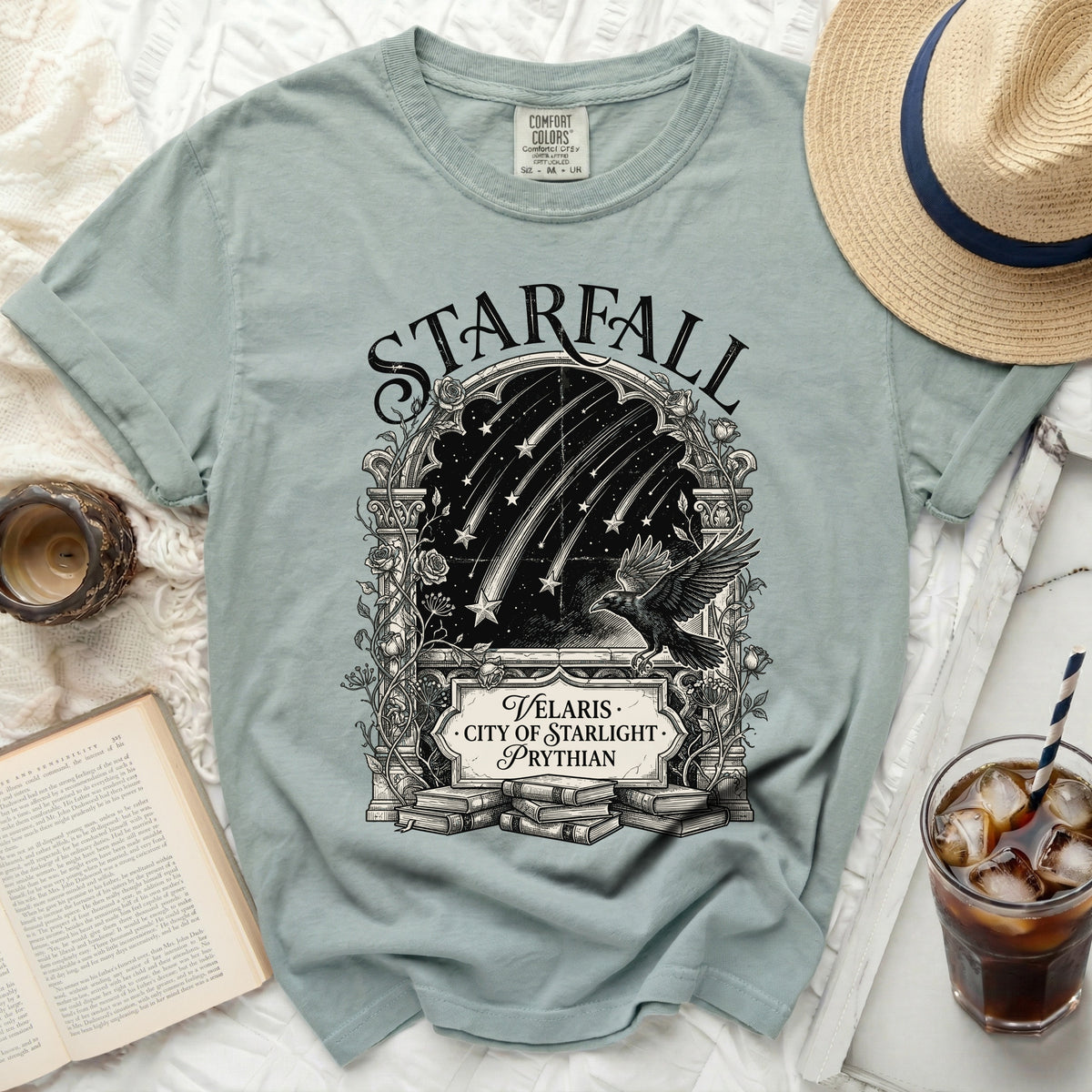 T-shirt with "Starfall Velaris City of Starlight Prythian" graphic and raven.