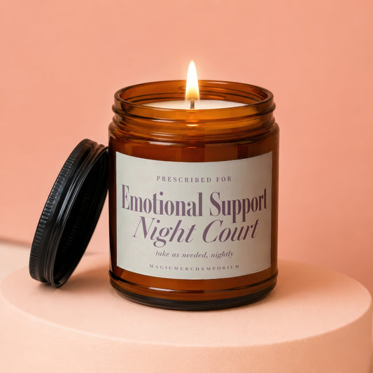 Amber candle with lit flame, labeled "Emotional Support Night Court."