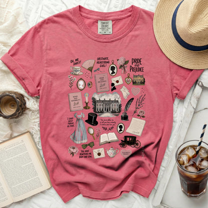 Pink t-shirt with "Pride and Prejudice" themed illustrations and quotes.