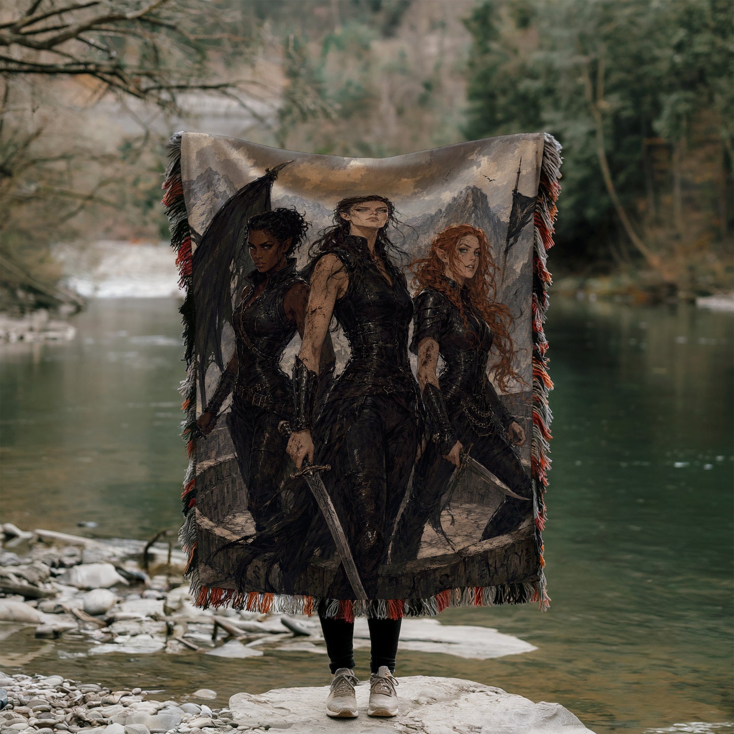 A person is standing in front of a large tapestry depicting three women, holding a sword and wearing dark clothing.
