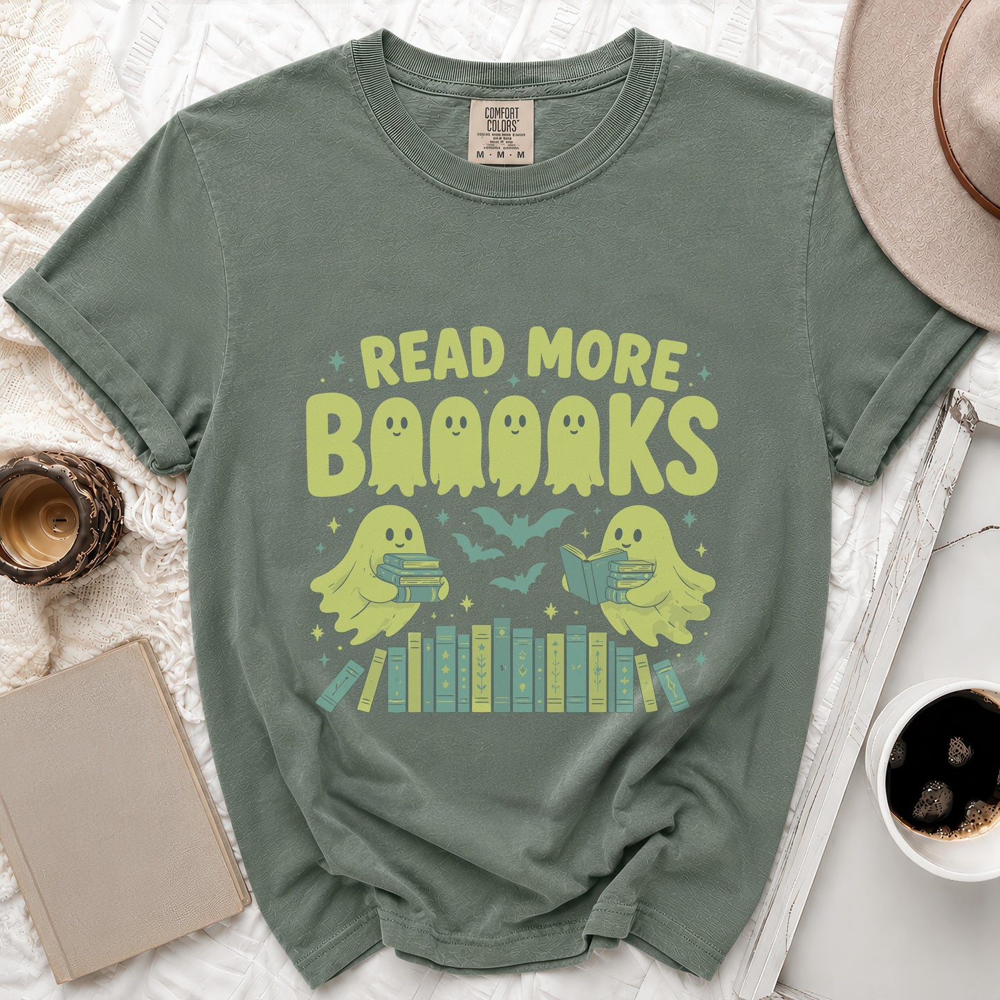 T-shirt with "Read More Bbooooks" text, ghosts reading books, and bats.
