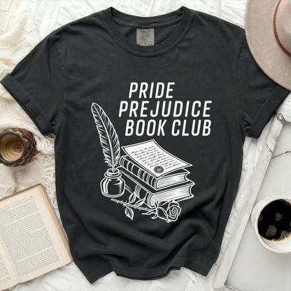 Black t-shirt with "Pride Prejudice Book Club" and vintage book illustration.