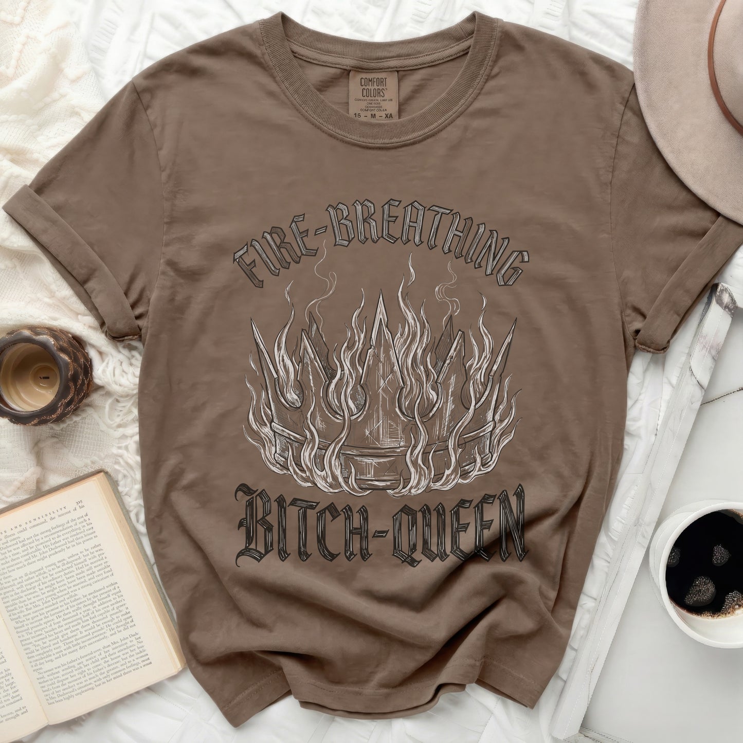 Brown t-shirt with "Fire-Breathing Bitch-Queen" in decorative gothic font.