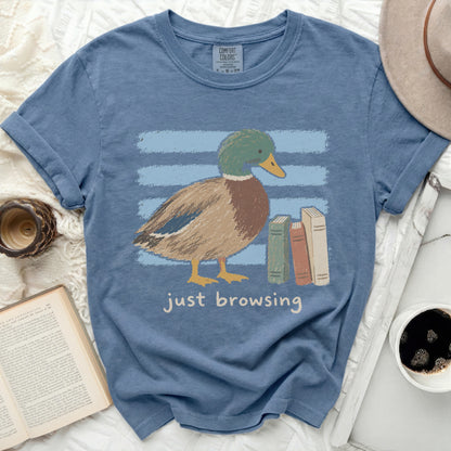Blue t-shirt with a mallard duck and books graphic and "just browsing" text.