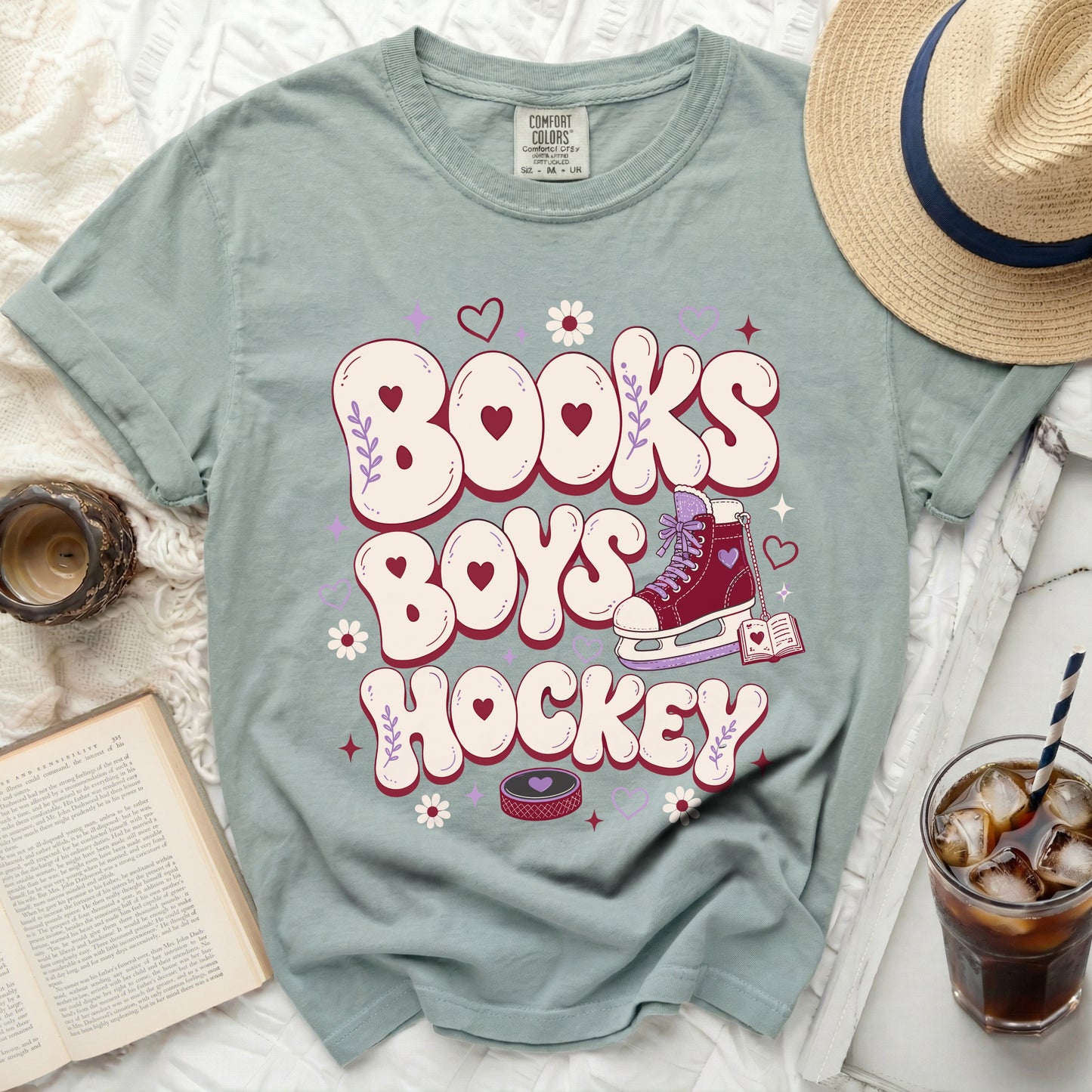 T-shirt with "Books Boys Hockey" text and ice skate graphic.