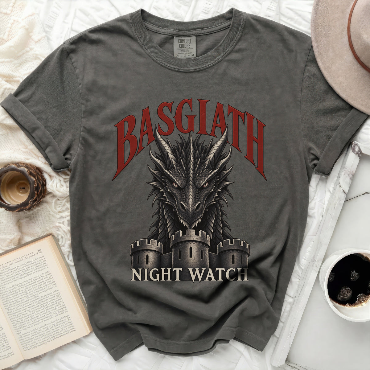 Charcoal t-shirt with "BASGLATH NIGHT WATCH" text and a dragon head over castles.