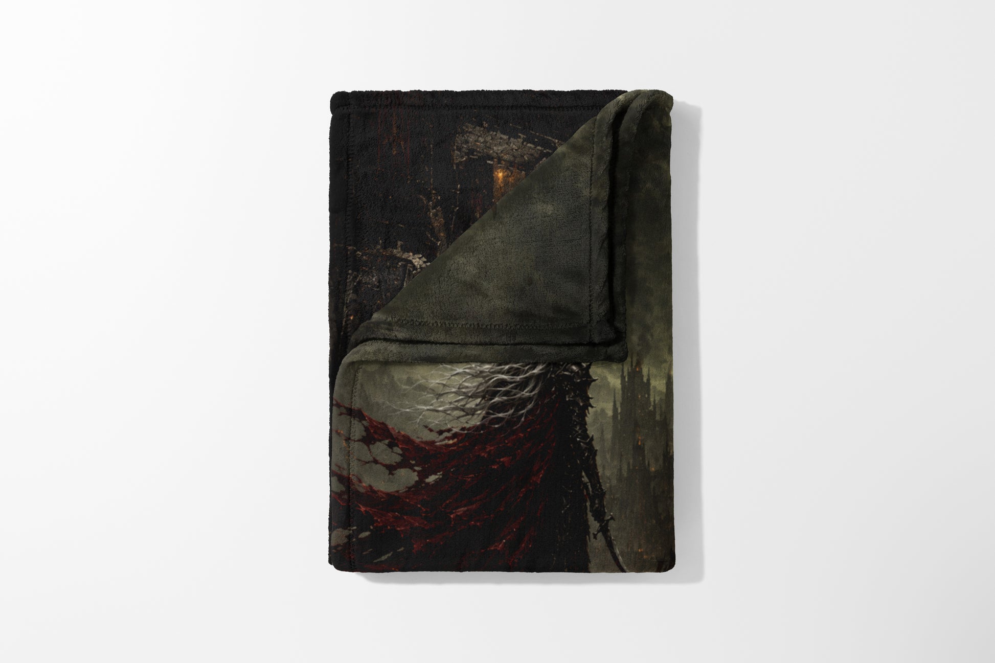 Dark fantasy art blanket with a cloaked figure and castle on a white background.