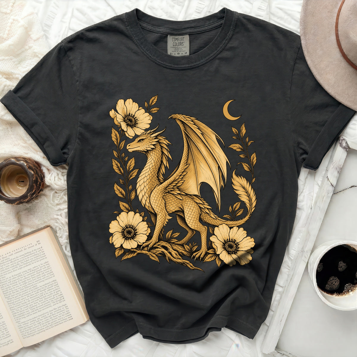 Black Comfort Colors t-shirt featuring a golden dragon with floral accents and crescent moon.