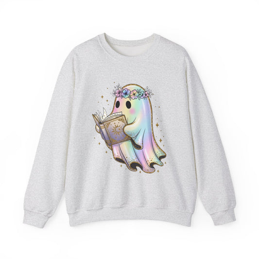 Reading Ghost with Floral Crown Fantasy Art Sweatshirt - MagicMerchEmporium