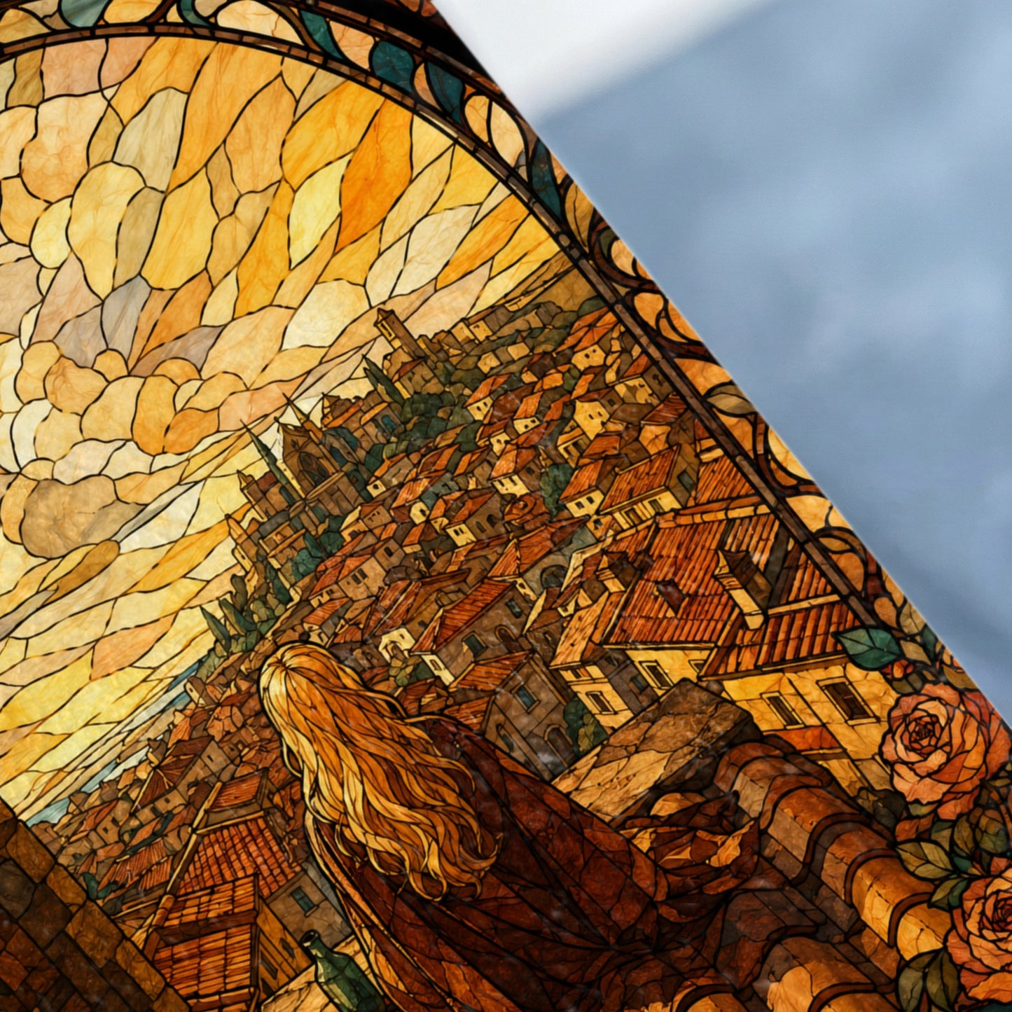 Stained glass with a blonde woman overlooking a European city and roses.
