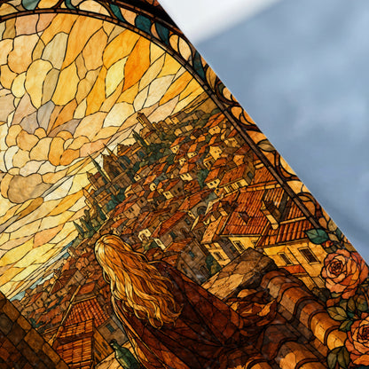 Stained glass with a blonde woman overlooking a European city and roses.