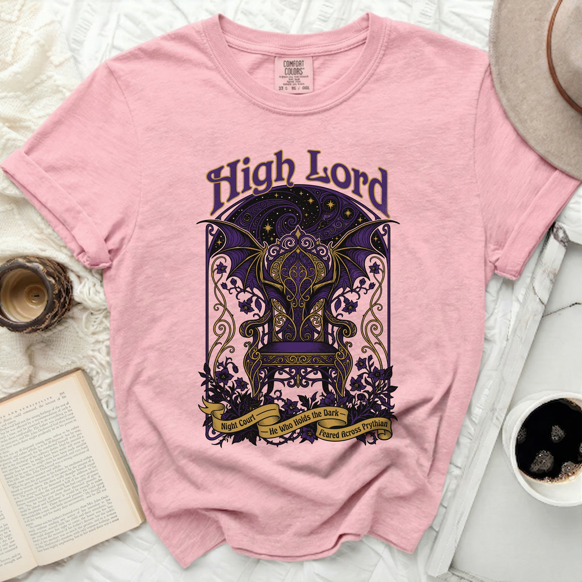 Pink t-shirt with "High Lord" text, a throne, and dark court imagery.