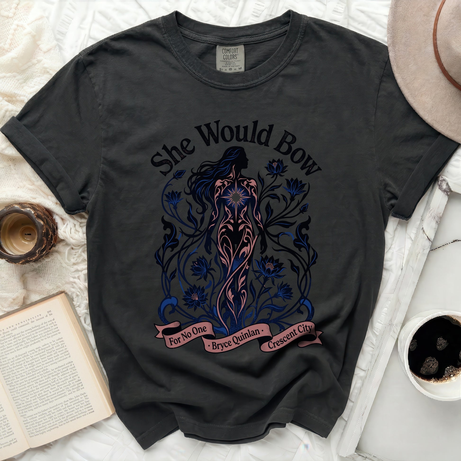 Black t-shirt with "She Would Bow" graphic and text "For No One Bryce Quinlan Crescent City".