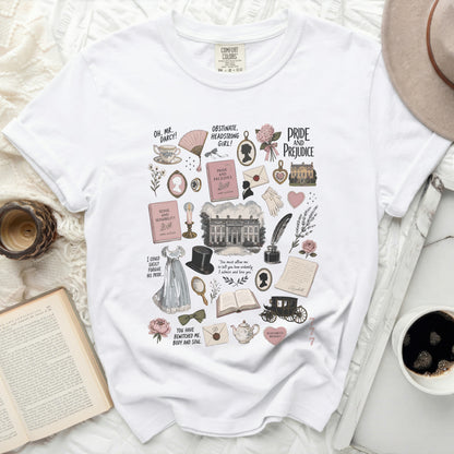 White t-shirt with a collage of Pride and Prejudice themed illustrations.