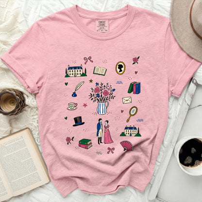Pink t-shirt with a hand-drawn pattern of Regency-era items and couple.