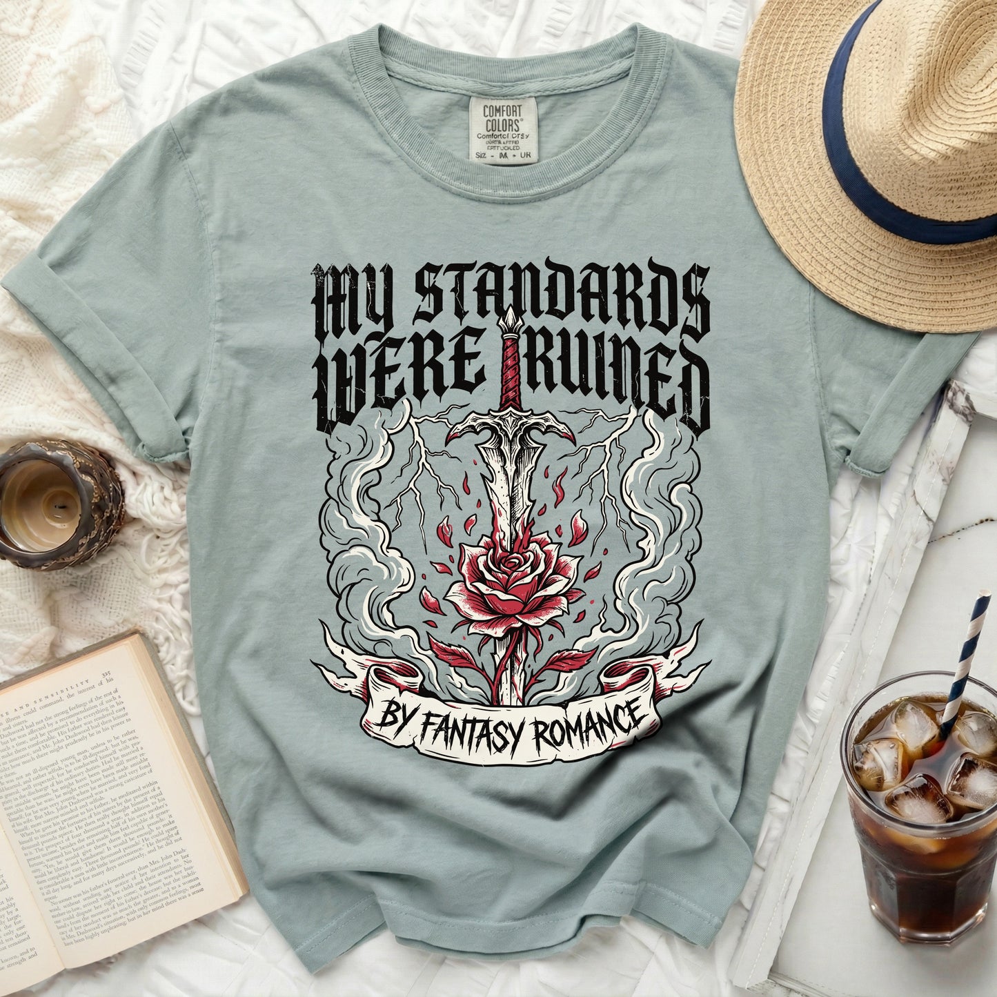Gray t-shirt with "My Standards Were Ruined By Fantasy Romance" graphic.