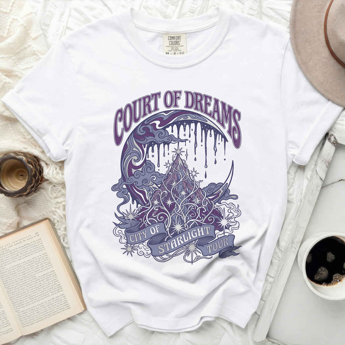 White t-shirt with "COURT OF DREAMS" and "CITY OF STARLIGHT TOUR" graphic.