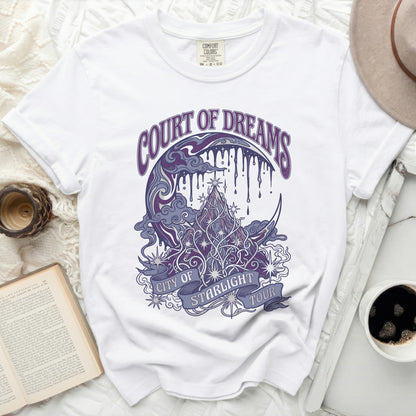 White t-shirt with "COURT OF DREAMS" and "CITY OF STARLIGHT TOUR" graphic.