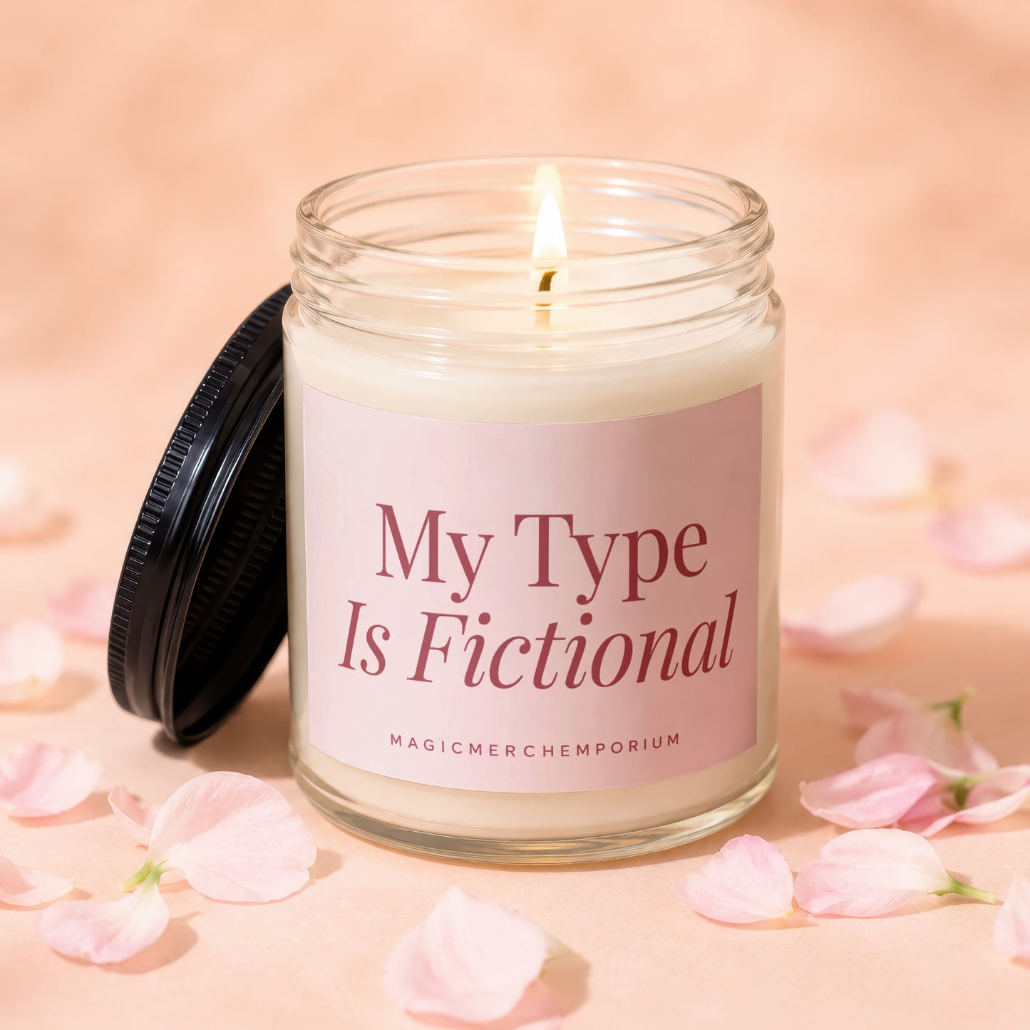 Lit candle in a glass jar with label text "My Type Is Fictional".
