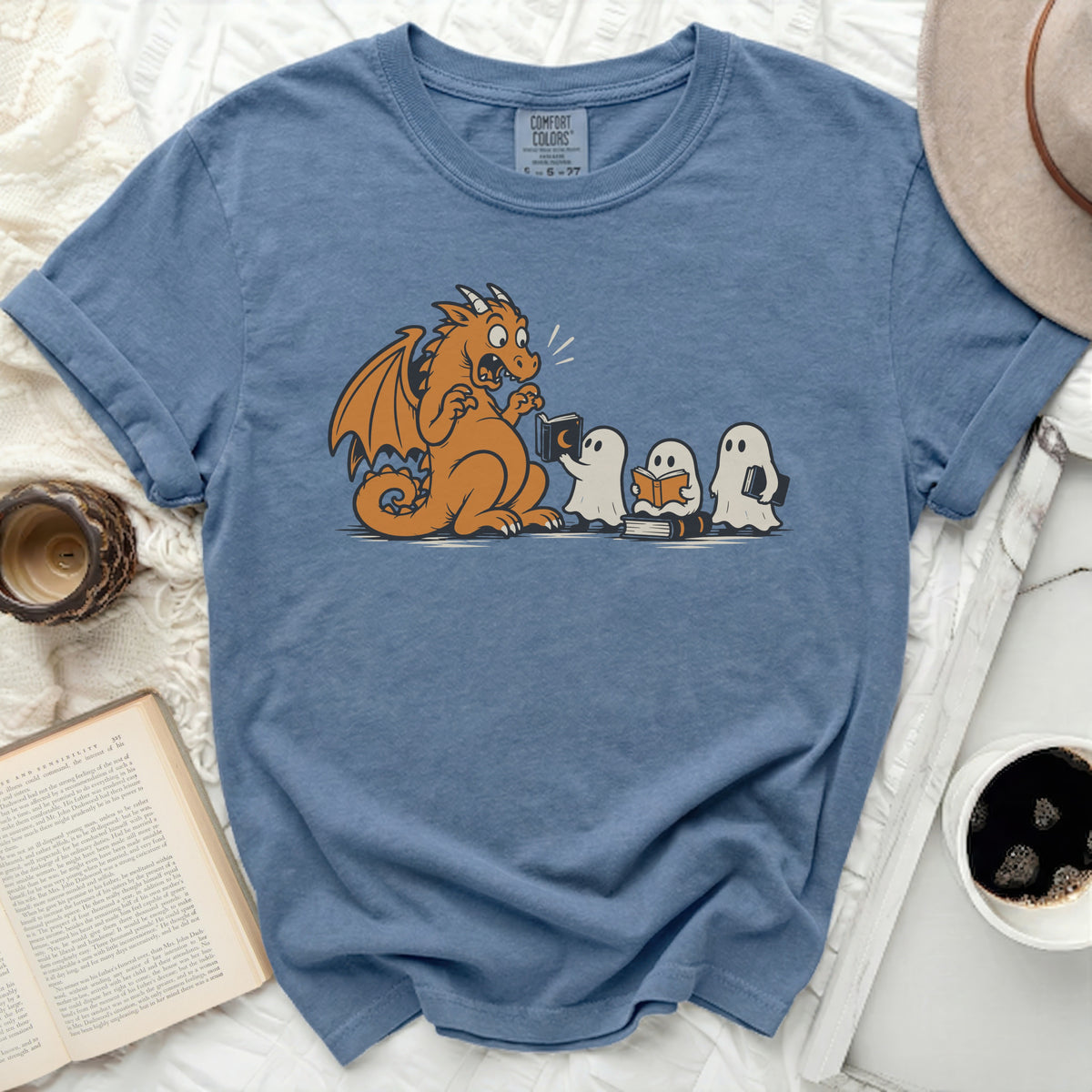 Dragon reading with ghosts at a book club.