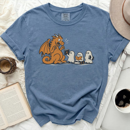 Dragon reading with ghosts at a book club.