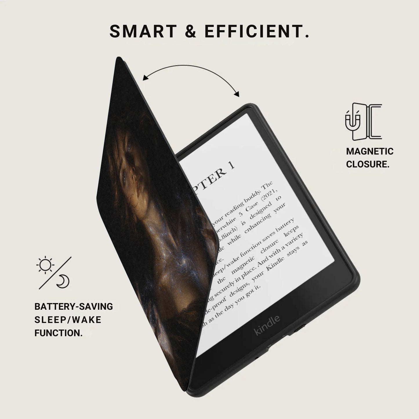 Kindle case with magnetic closure, battery-saving sleep/wake function.