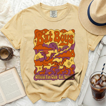 Yellow t-shirt with "Bat Boys Official Fan Club" graphic featuring bats.