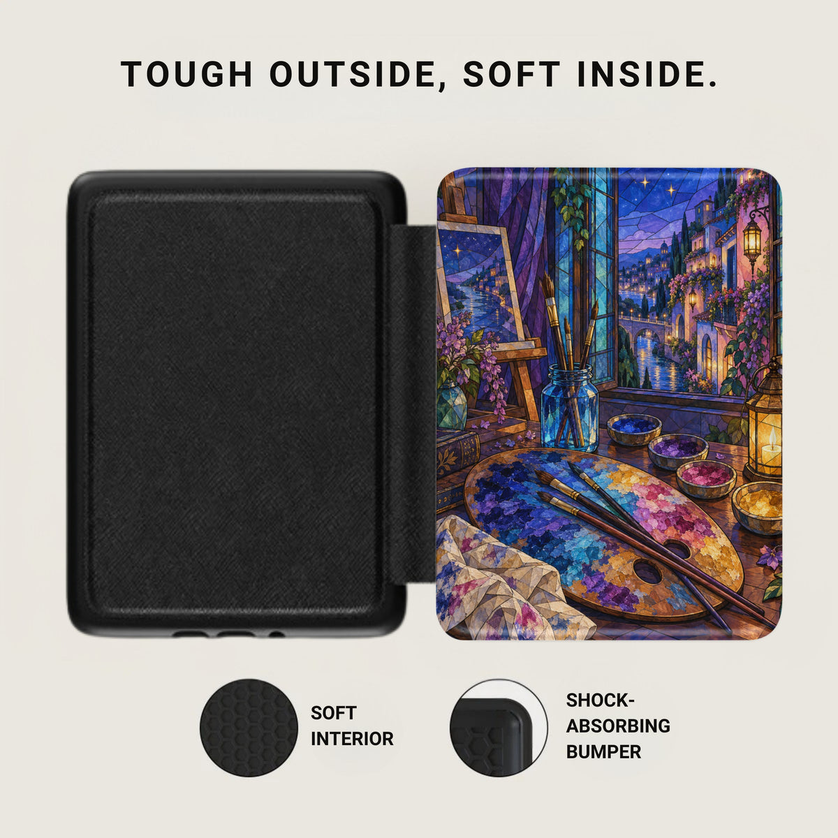 Black protective case with artistic interior design featuring a stained-glass window.