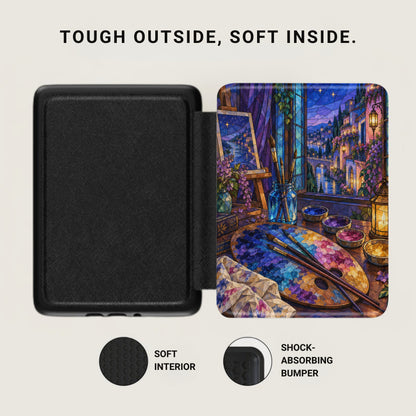 Black protective case with artistic interior design featuring a stained-glass window.