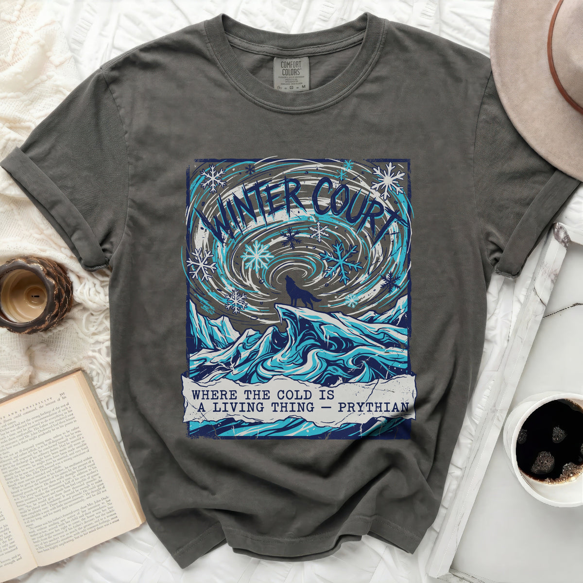 Dark gray t-shirt with "WINTER COURT WHERE THE COLD IS A LIVING THING" graphic.