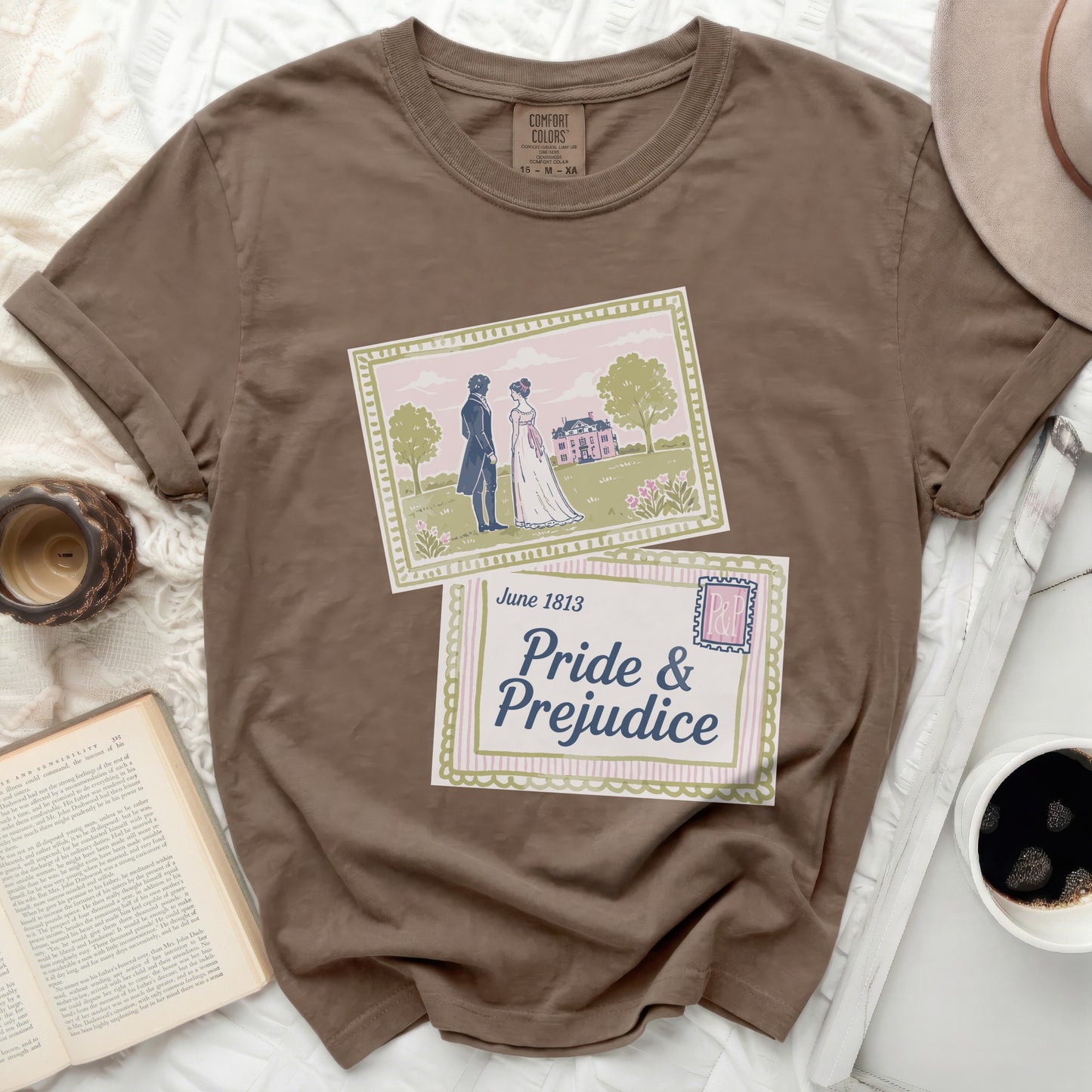 Brown t-shirt featuring "Pride & Prejudice" graphic with a historical illustration.
