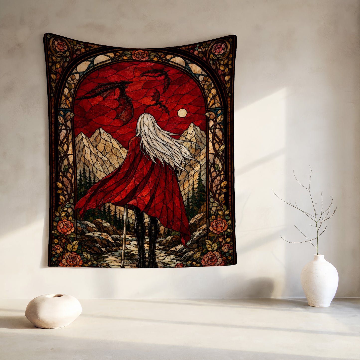 Stained glass style tapestry of a person in a red cloak facing dragons and mountains.