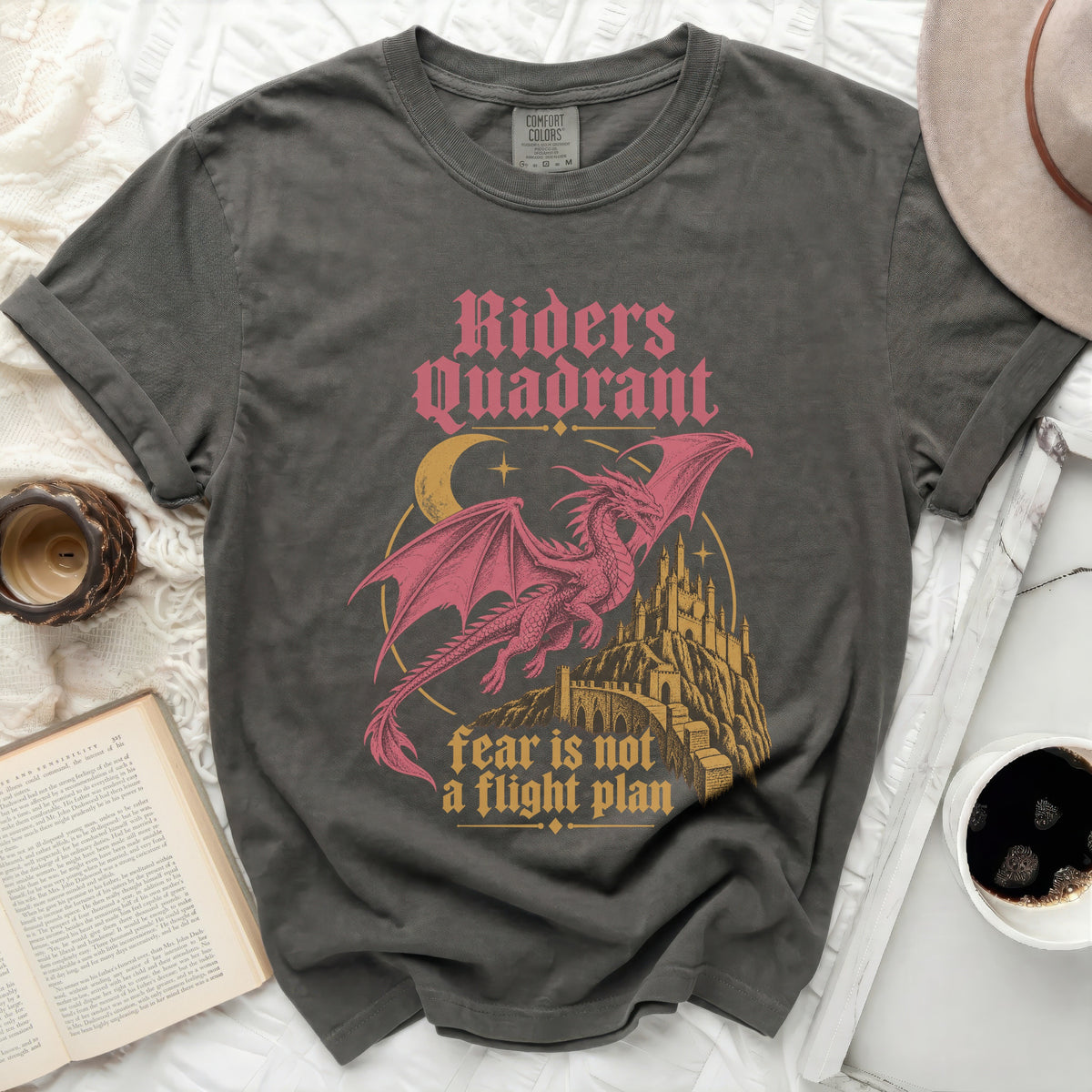 Gray t-shirt with pink dragon graphic and text "Riders Quadrant" and "fear is not a flight plan".