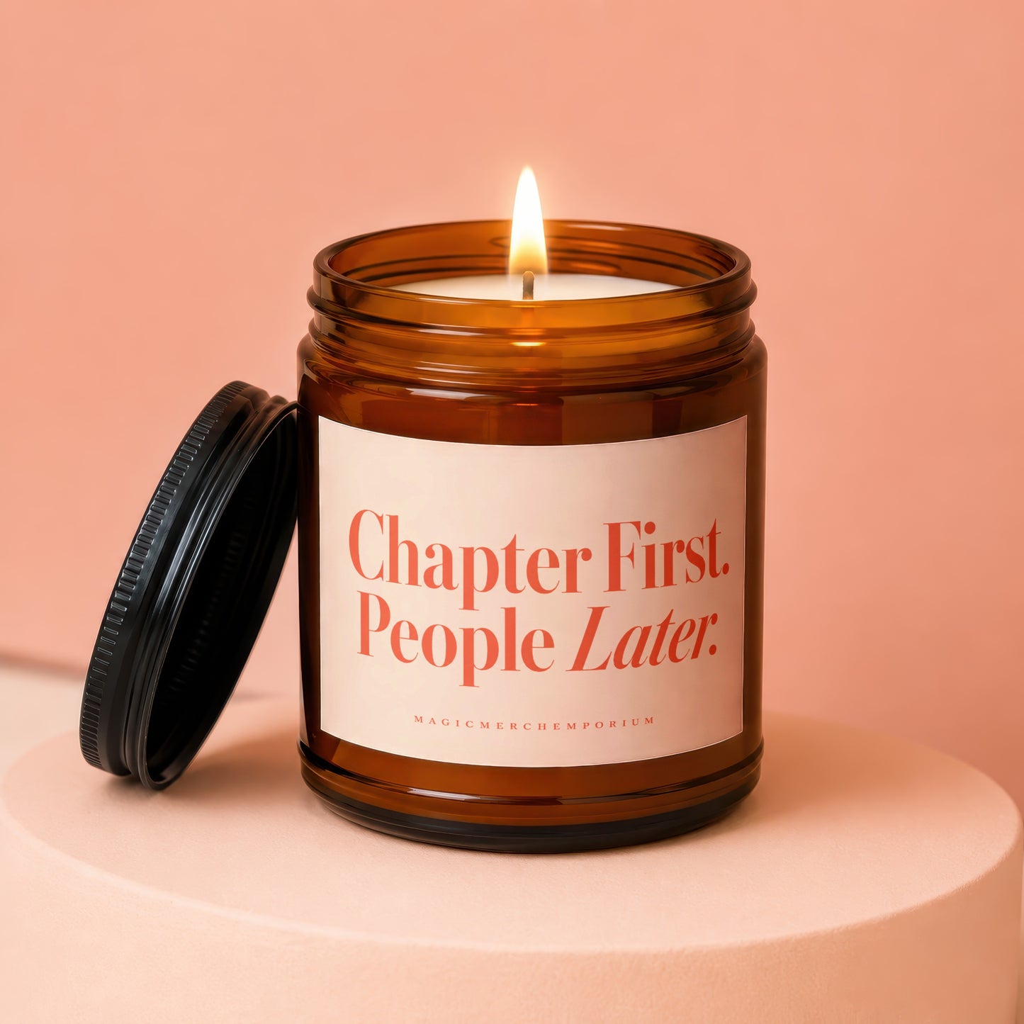 Lit amber candle in a jar with lid askew, text "Chapter First. People Later."